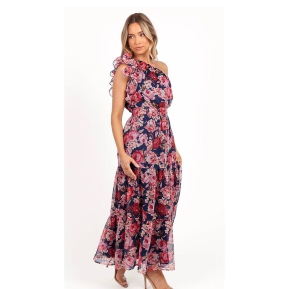 Petal & Pup Layley One Shoulder Floral Maxi Dress Navy Pink Ruffle Size M NWT - Picture 1 of 10